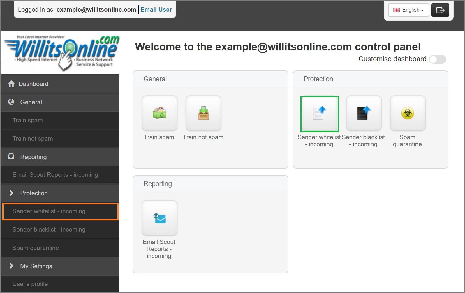 Spam Filter Dashboard Whitelist